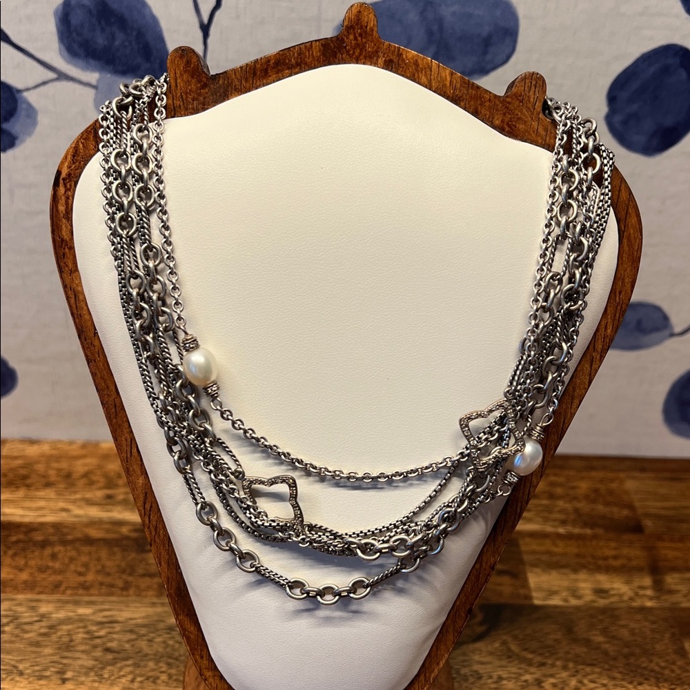 David Yurman Diamond quatrefoil and Pearl chain necklace